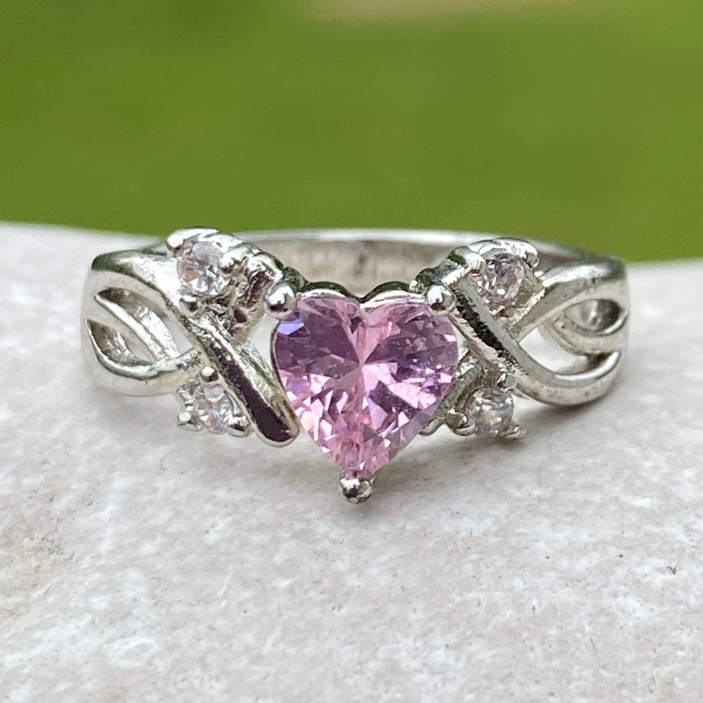 Pink Crystal Topaz w/ white cz accent stones antiqued silver tone